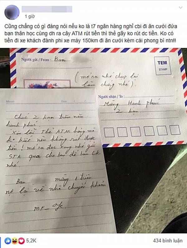 Chàng trai viết thư nợ một triệu tiền mừng cưới vì thẻ ATM hỏng
