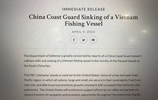 Lầu Năm Góc lên tiếng việc Trung Quốc đâm chìm tàu cá Việt Nam