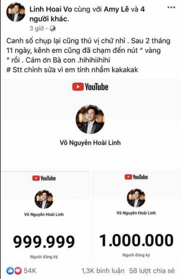 Youtube danh hài Hoài Linh cán mốc 1 triệu người đăng ký, vui quá nên tính nhầm cả thời gian đạt thành tích khủng