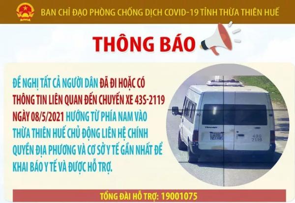 Thừa Thiên Huế truy tìm người đi cùng chuyến xe với bệnh nhân Covid-19 số 3660