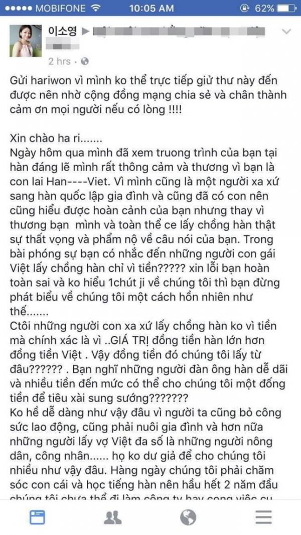Hari Won phân trần về phát ngôn: “Phụ nữ Việt lấy chồng Hàn vì tiền”