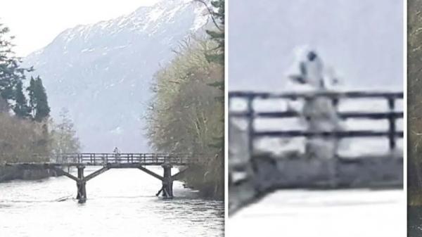 Photograph a humanoid similar to an astronaut on a bridge in Loch Ness