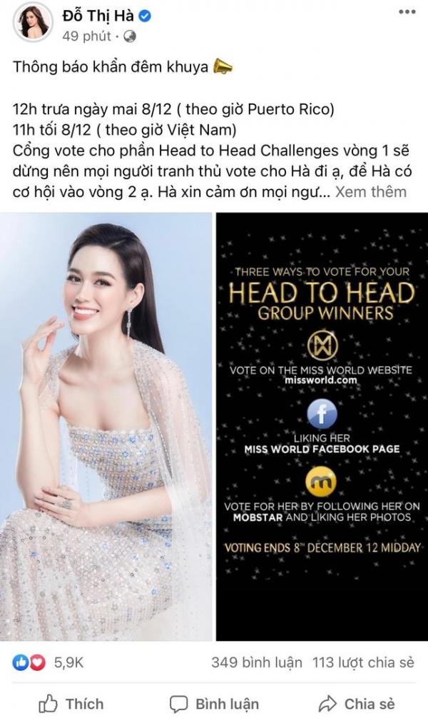 Đỗ Thị Hà thông báo về bình chọn ở phần thi Đối đầu ở Miss World