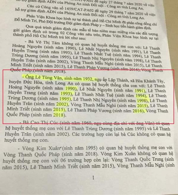 Xôn xao giấy kết quả giám định ADN của Lê Tùng Vân: Là cha ruột của 11 người ở Thiền Am, người nhỏ nhất sinh năm 2018?