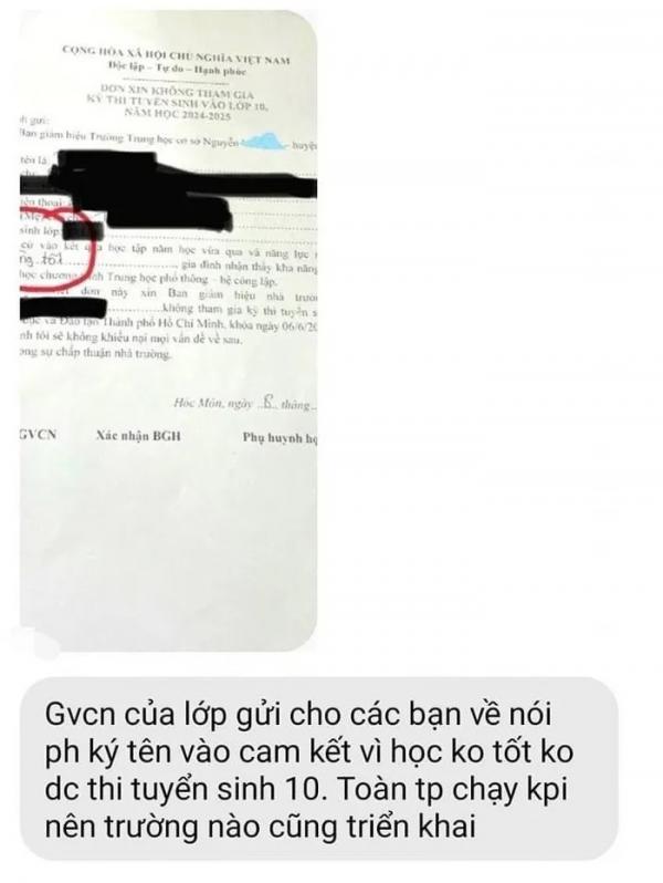 Xôn xao với lá đơn “mẫu”, ép học sinh không dự thi lớp 10 ở TP.HCM