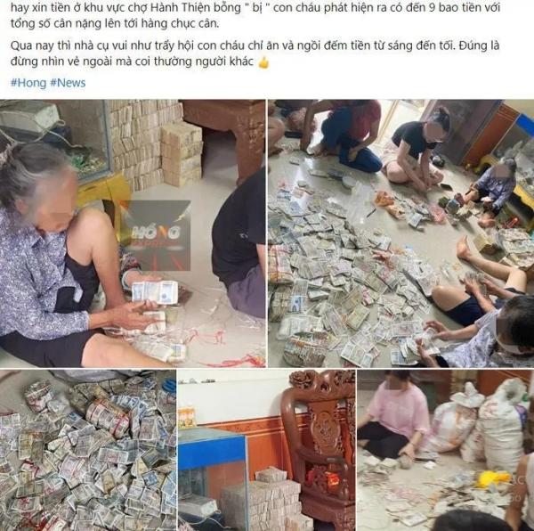 Xôn xao chuyện cụ bà ăn xin có 9 bao tiền lẻ, con cháu quây quần ngồi đếm: Chính quyền nói gì?