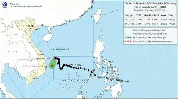 Áp thấp nhiệt đới suy yếu thành vùng áp thấp trên khu vực biển Đắk Lắk-Khánh Hòa, gió dưới cấp 6